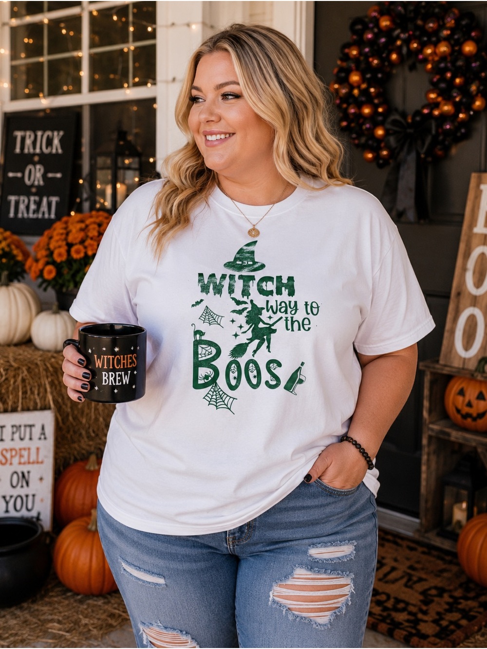 Handmade Witch Way to the Booze Graphic T-Shirt 2XL White Funny Spooky Tee